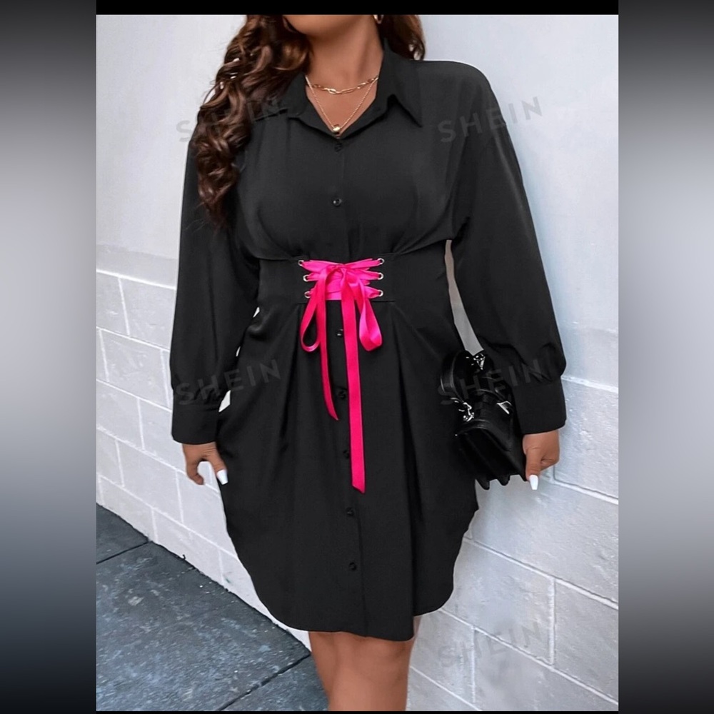 Black shirt dress & hot pink lace up corset front long sleeve 1X plus 14w 16w
